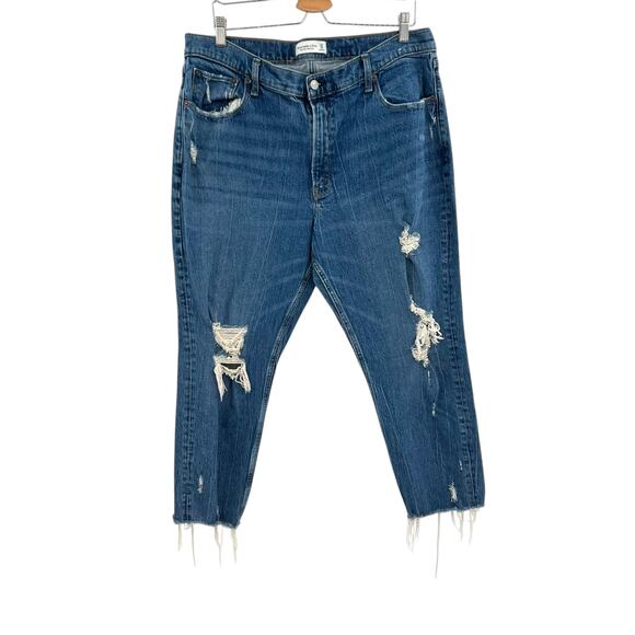 Abercrombie High Rise‎ Mom Jeans Distressed Ripped Denim Size 34 18S Short - Picture 2 of 14